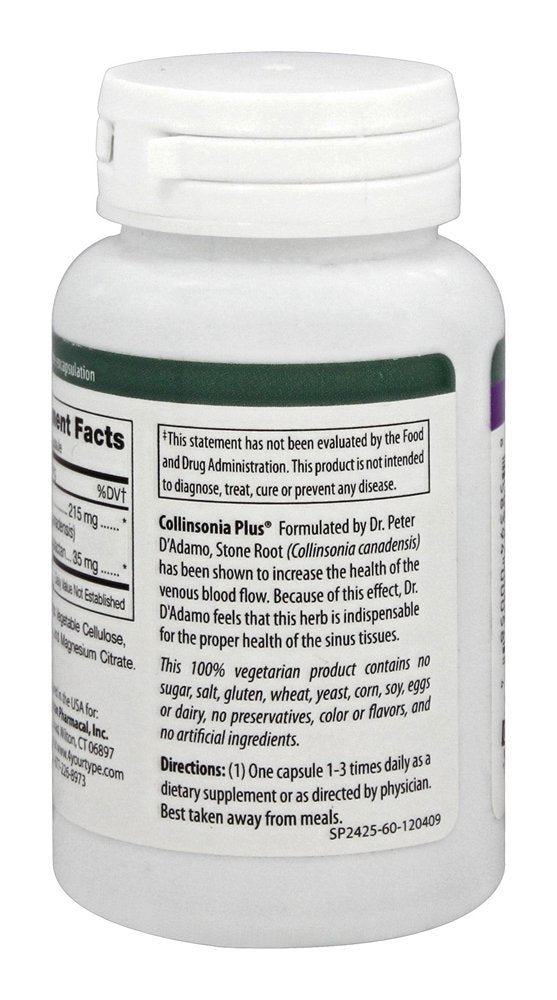 Collinsonia Plus 60vcaps packaging by D'Adamo Nutrition, ready for shelves.