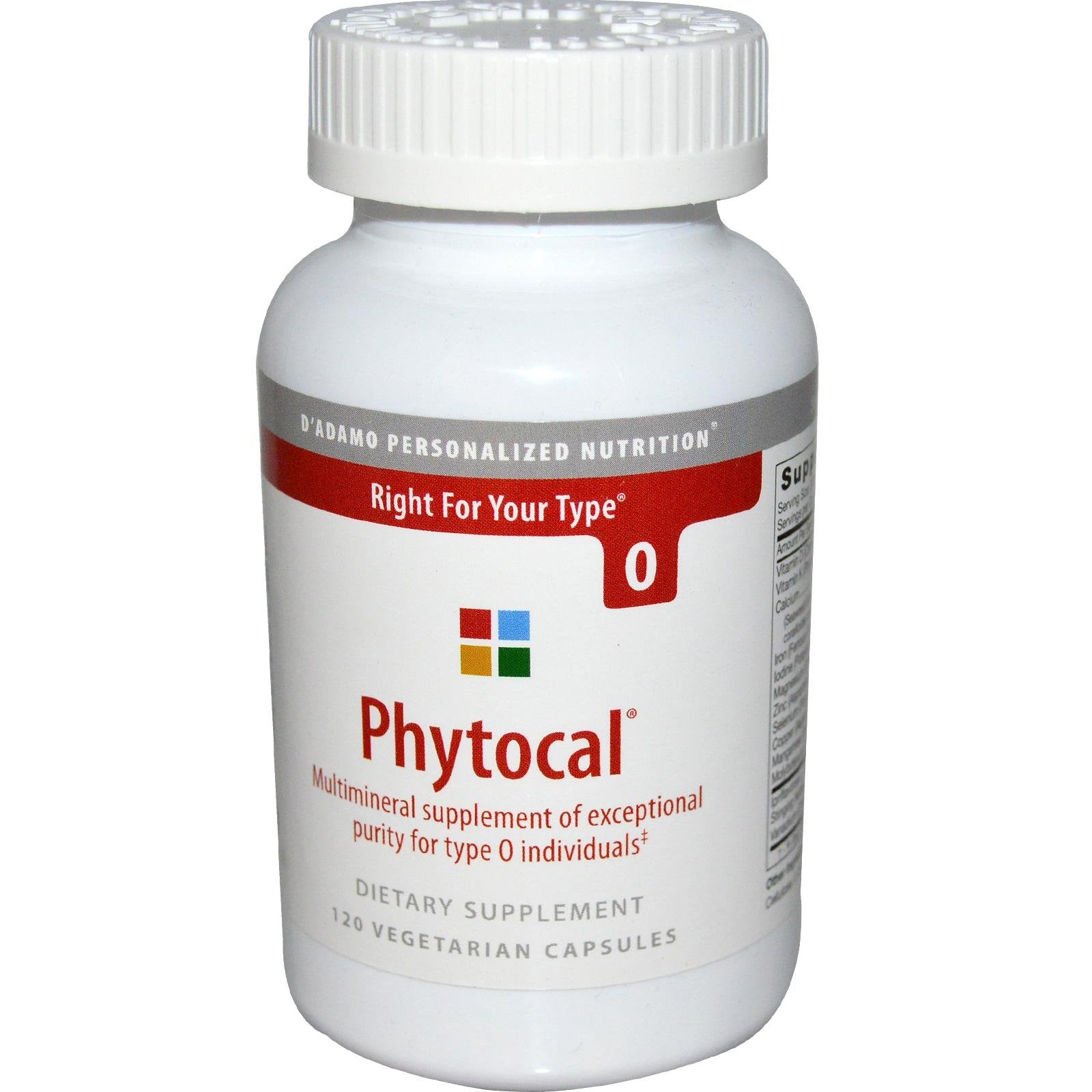 D'Adamo Phytocal O 120vcaps bottle promotes Type O mineral support.