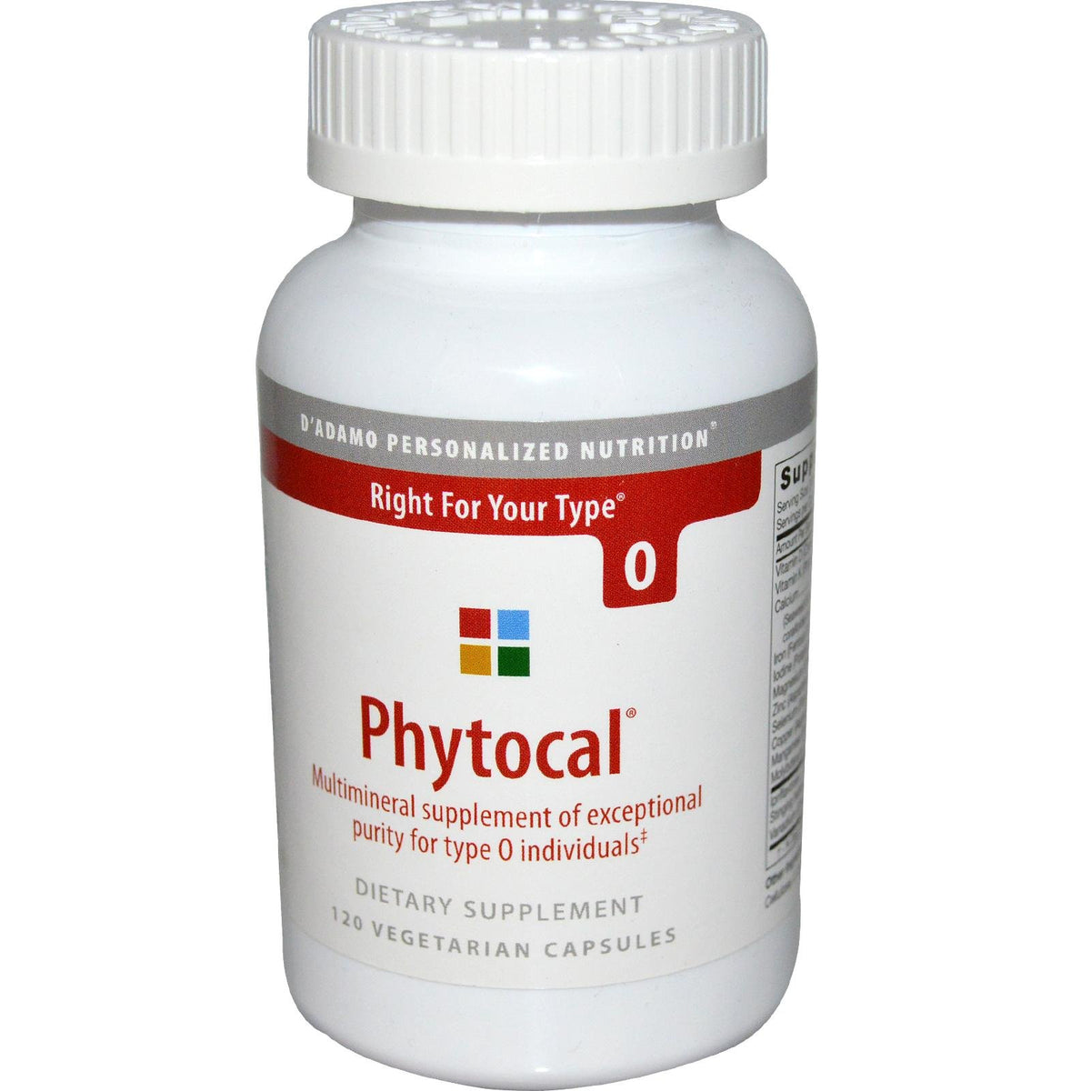 D'Adamo Phytocal O 120vcaps bottle promotes Type O mineral support.