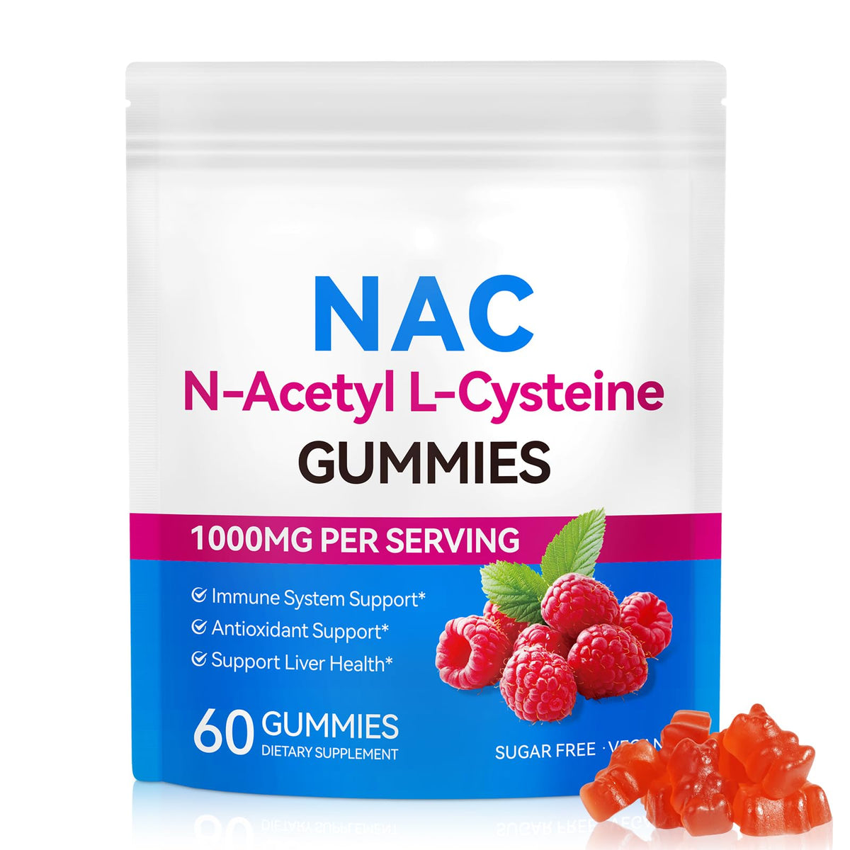 Daiasns NAC gummies bottle label highlighting 60-count vegan formula