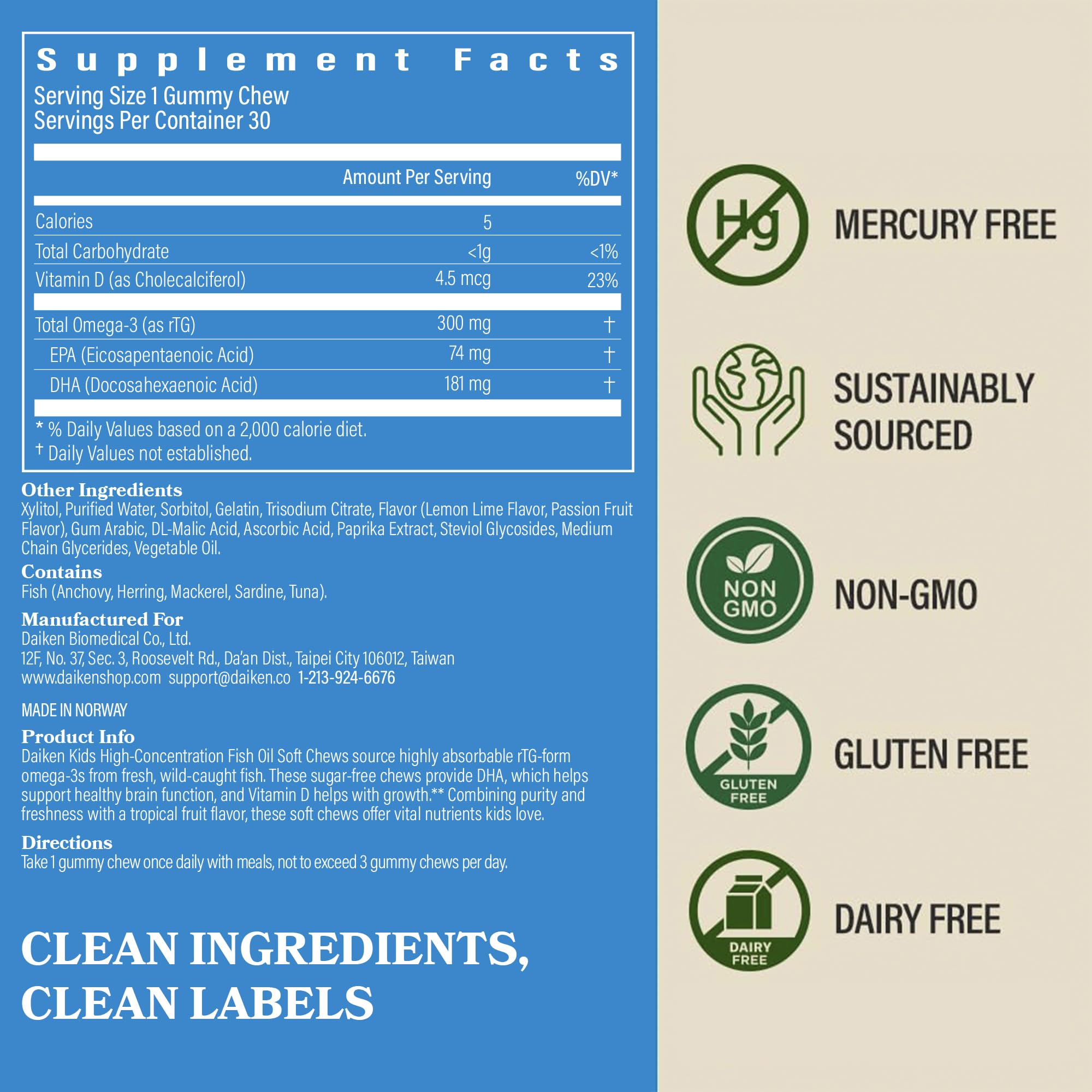 DAIKEN Kids Omega-3 gummies with Norway origin emblem signaling purity.