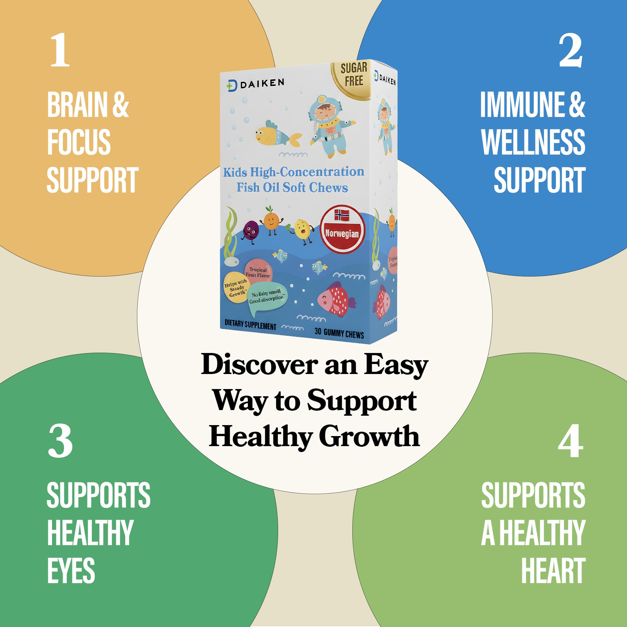 DAIKEN Kids Omega-3 gummies tropical flavor bottle designed for easy dosing.
