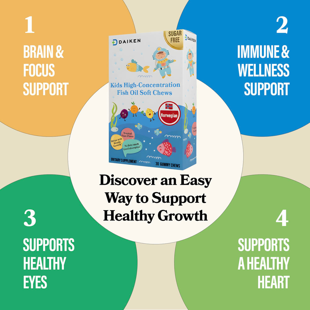 DAIKEN Kids Omega-3 gummies tropical flavor bottle designed for easy dosing.