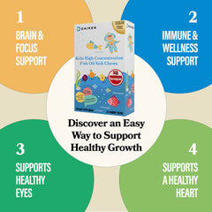 DAIKEN Kids Omega-3 gummies tropical flavor bottle designed for easy dosing.