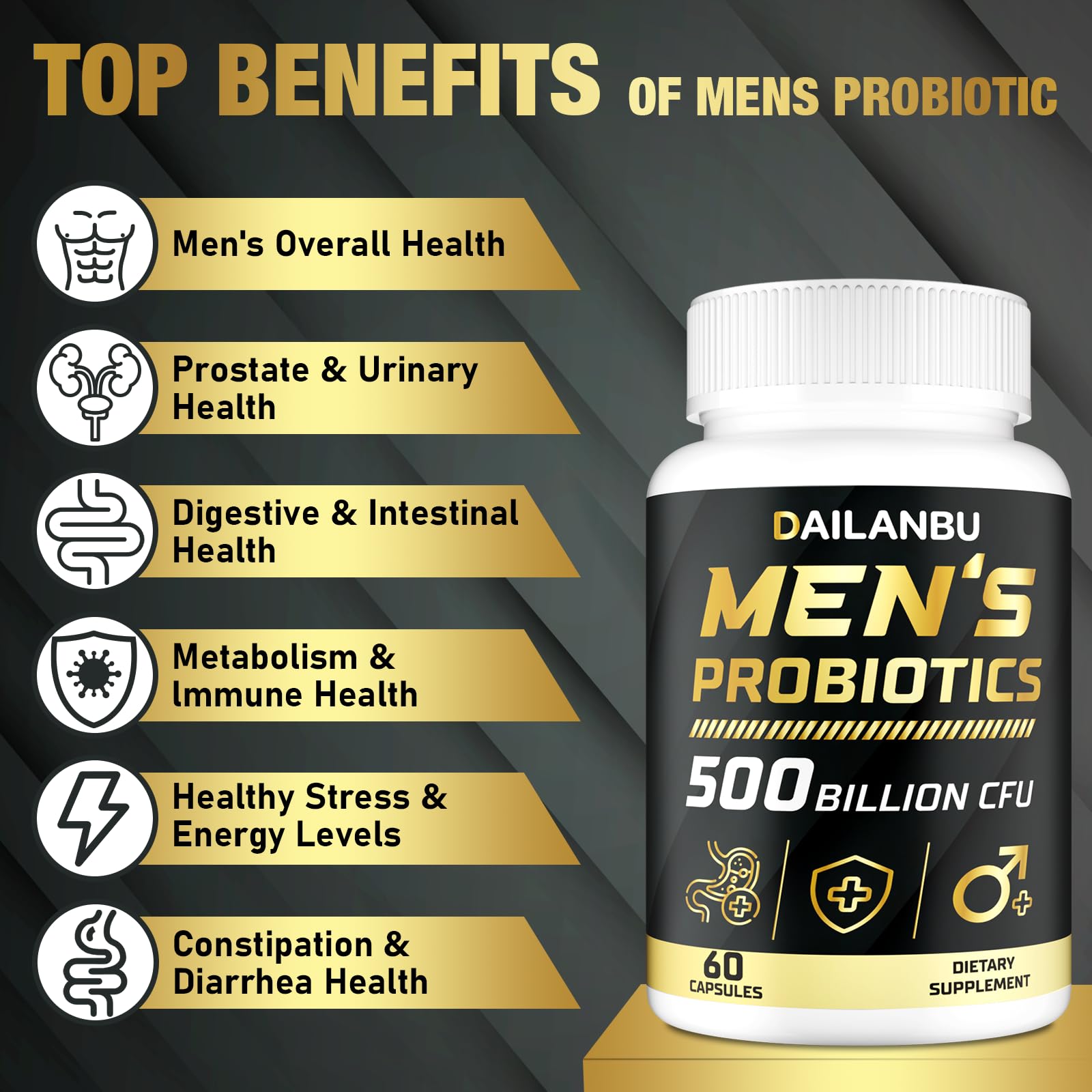 Dailanbu Probiotics for Men 12 strains graphic suggests diverse microbiome support