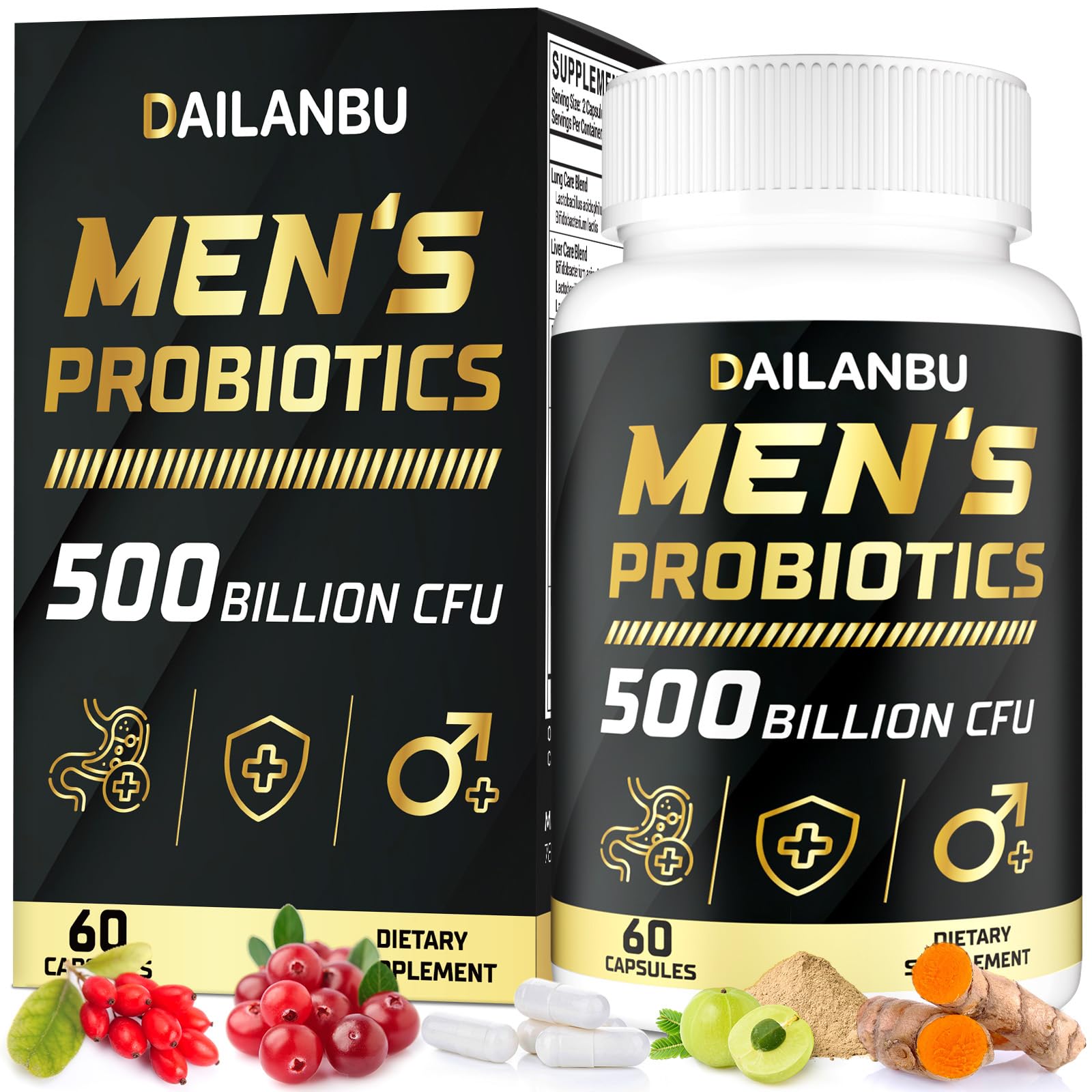 Dailanbu Probiotics for Men bottle front shows 500B CFU and 12 strains for gut support