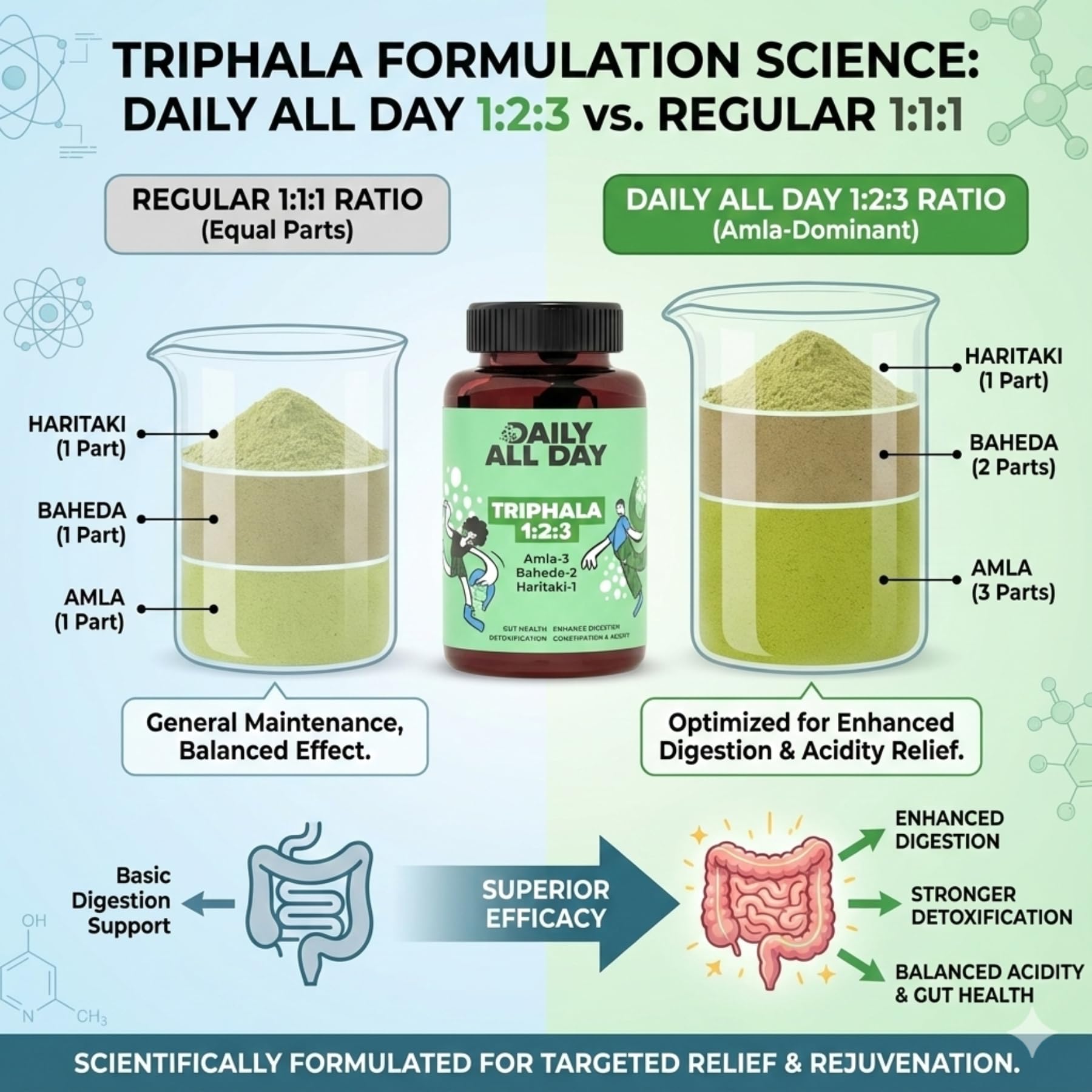 Daily All Day Triphala bottle back label highlights key ingredients Amla Harad Baheda