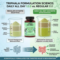 Daily All Day Triphala bottle back label highlights key ingredients Amla Harad Baheda