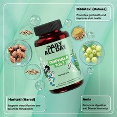 Daily All Day Triphala packaging box emphasizes vegan and non-GMO status