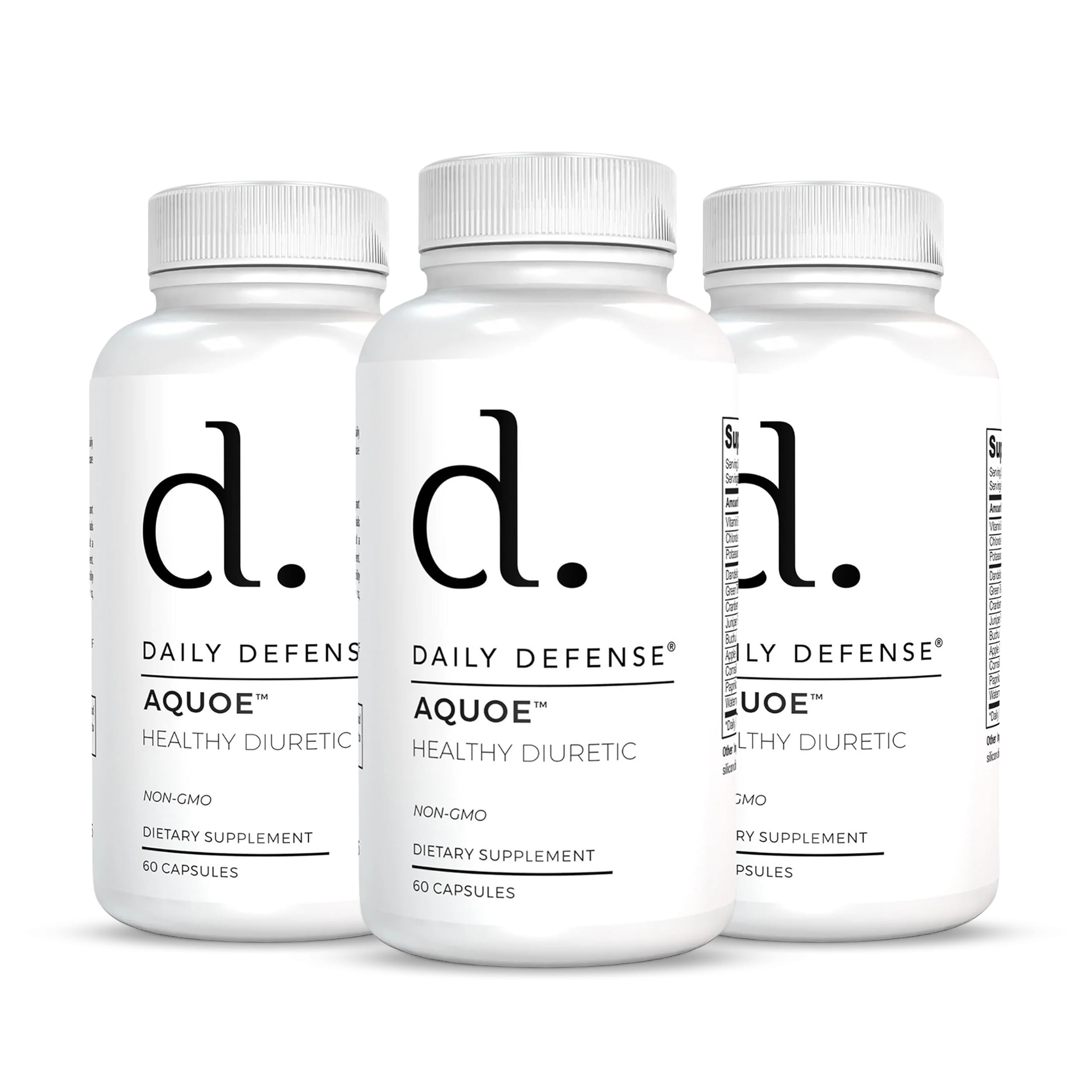 Daily Defense AQUOE Water Away bottle front view highlights bloating relief.