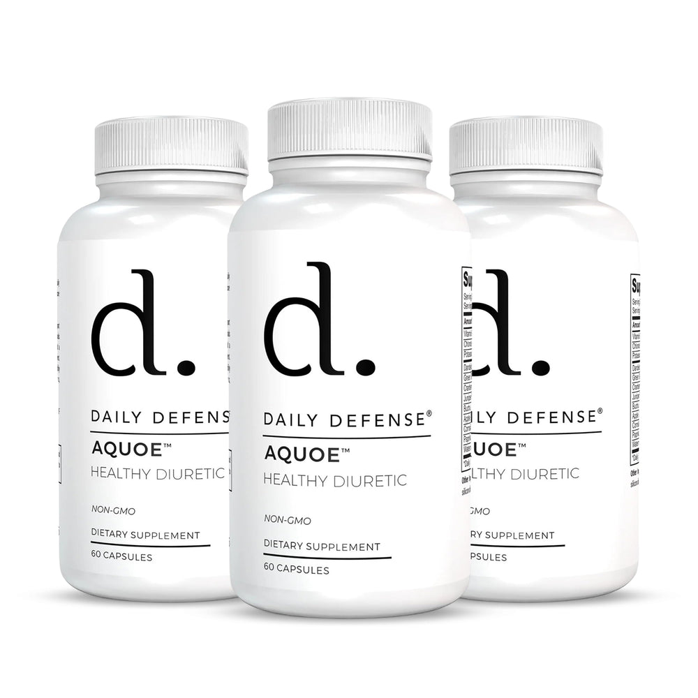 Daily Defense AQUOE Water Away bottle front view highlights bloating relief.