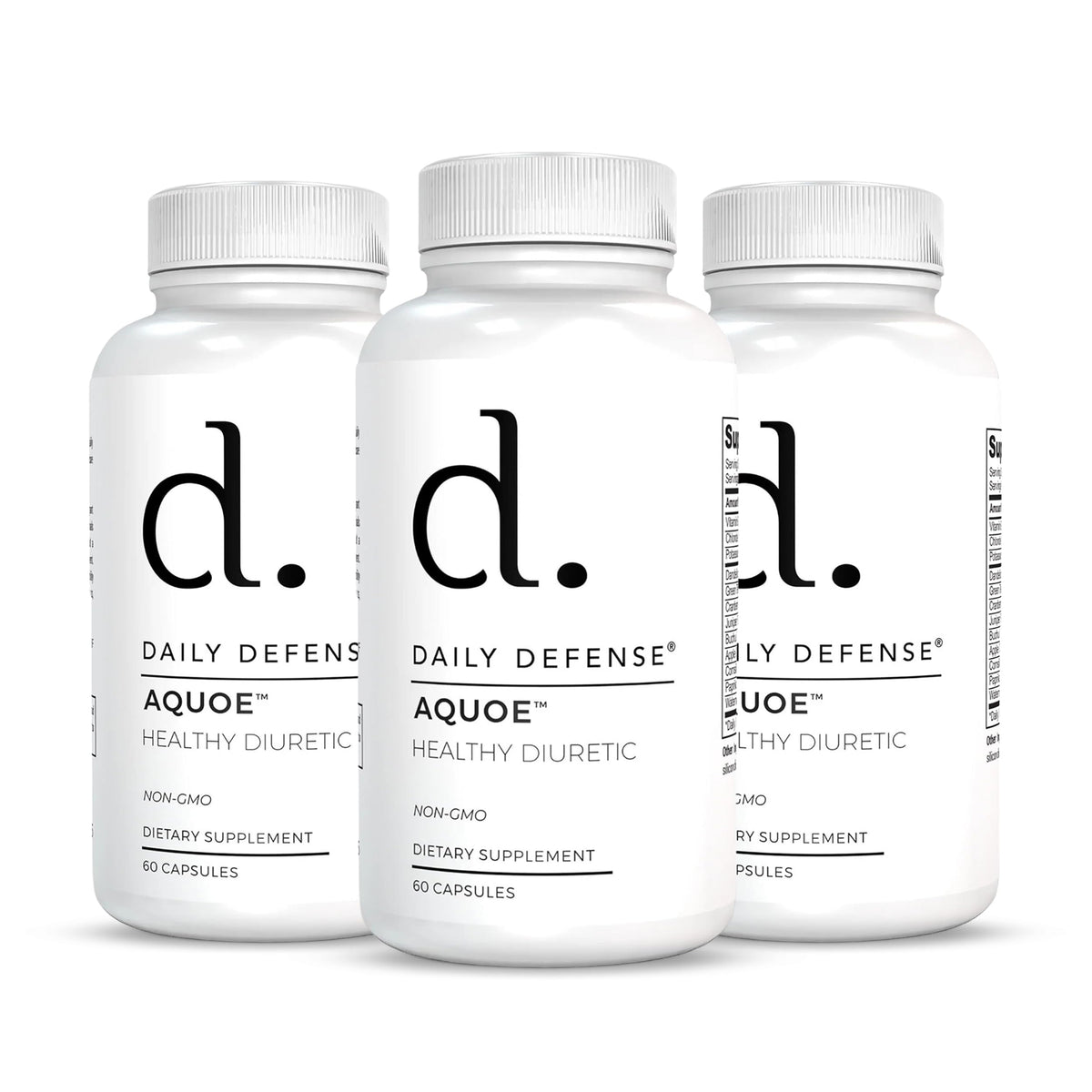 Daily Defense AQUOE Water Away bottle front view highlights bloating relief.