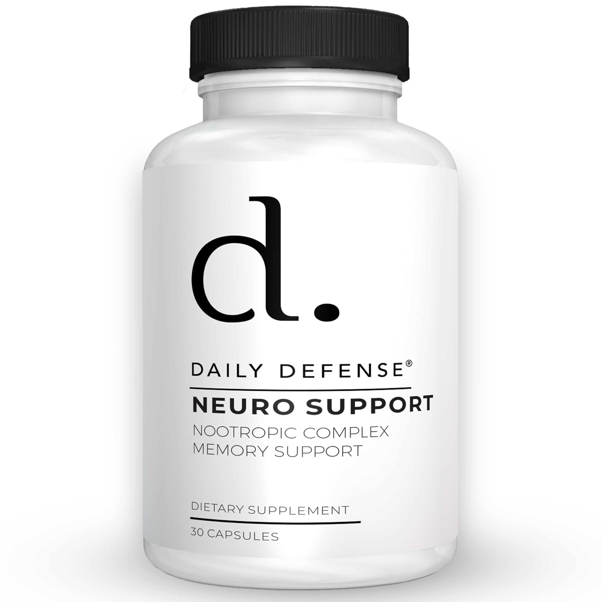 Daily Defense brain-support bottle with capsules for focus and memory potential.