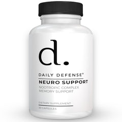 Daily Defense brain-support bottle with capsules for focus and memory potential.
