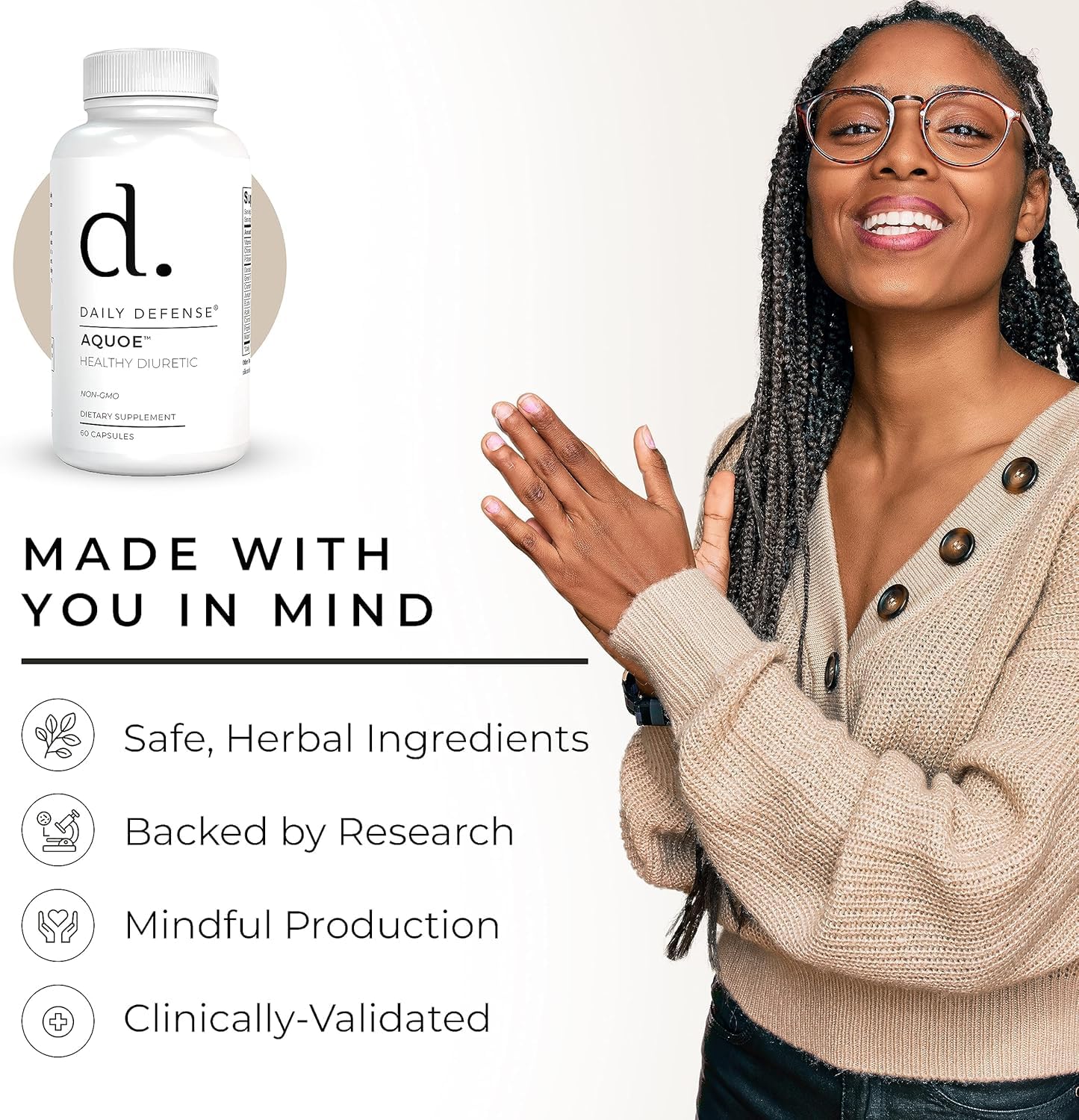Daily Defense bottle with activewear illustrates a fit lifestyle and hydration support.
