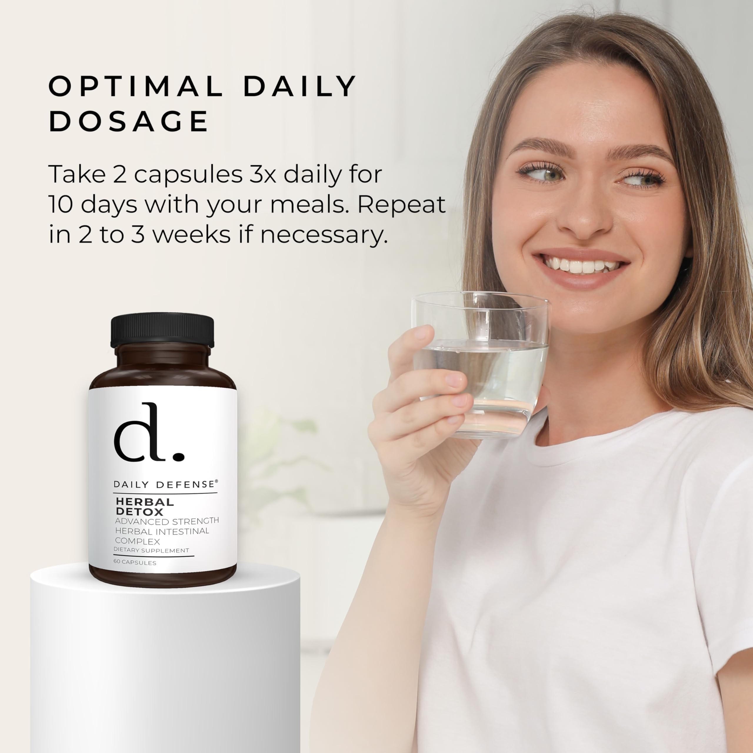 Daily Defense glass of water beside capsules implies simple hydration