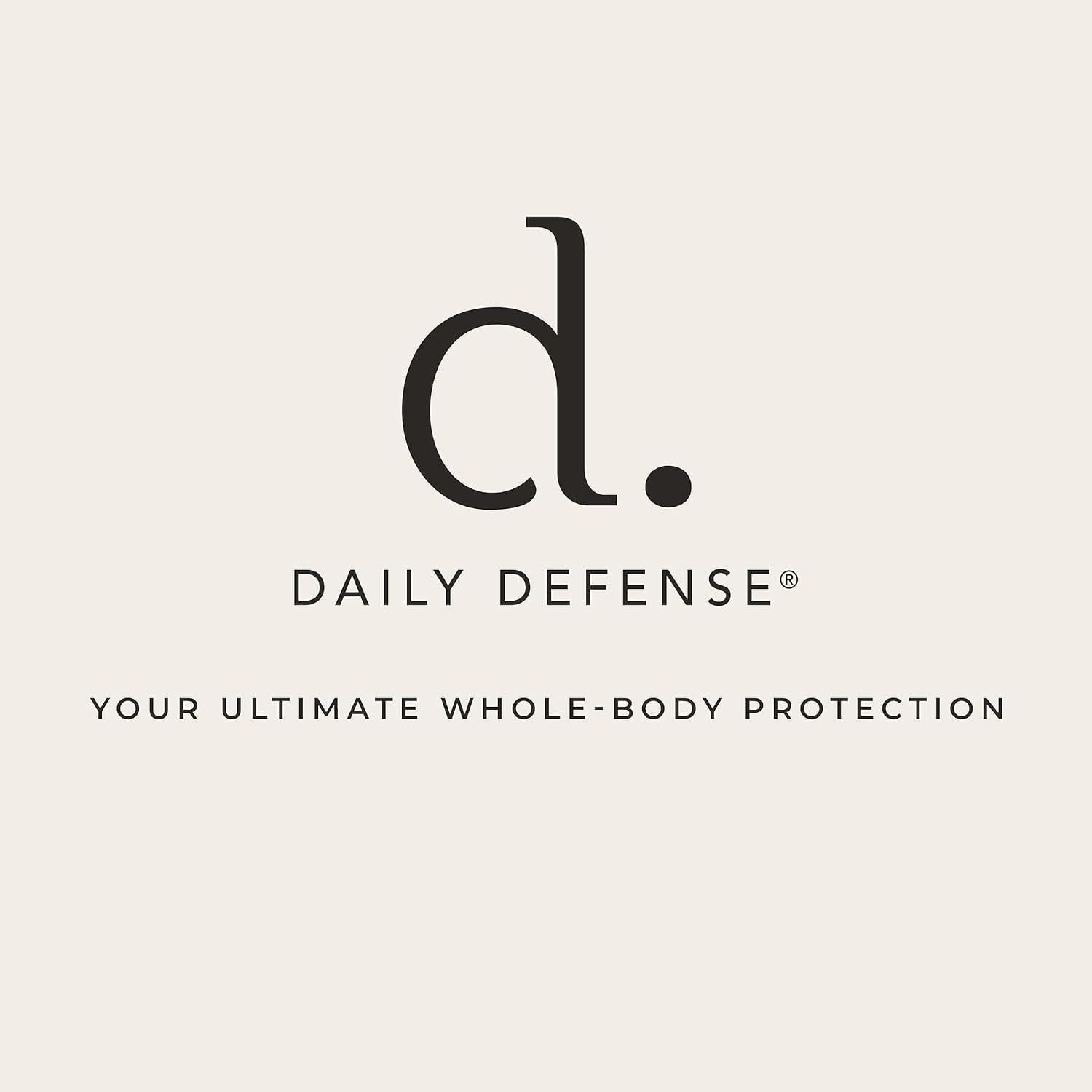 Daily Defense bottle next to glass of water suggests a daily ritual.