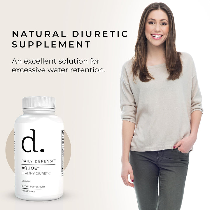 Daily Defense water pills bottle back highlights ingredients supporting gentle fluid balance and wellness