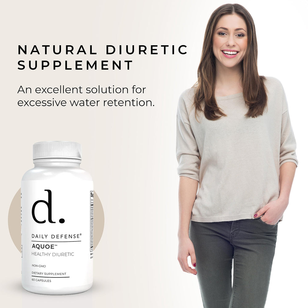 Daily Defense water pills bottle back highlights ingredients supporting gentle fluid balance and wellness