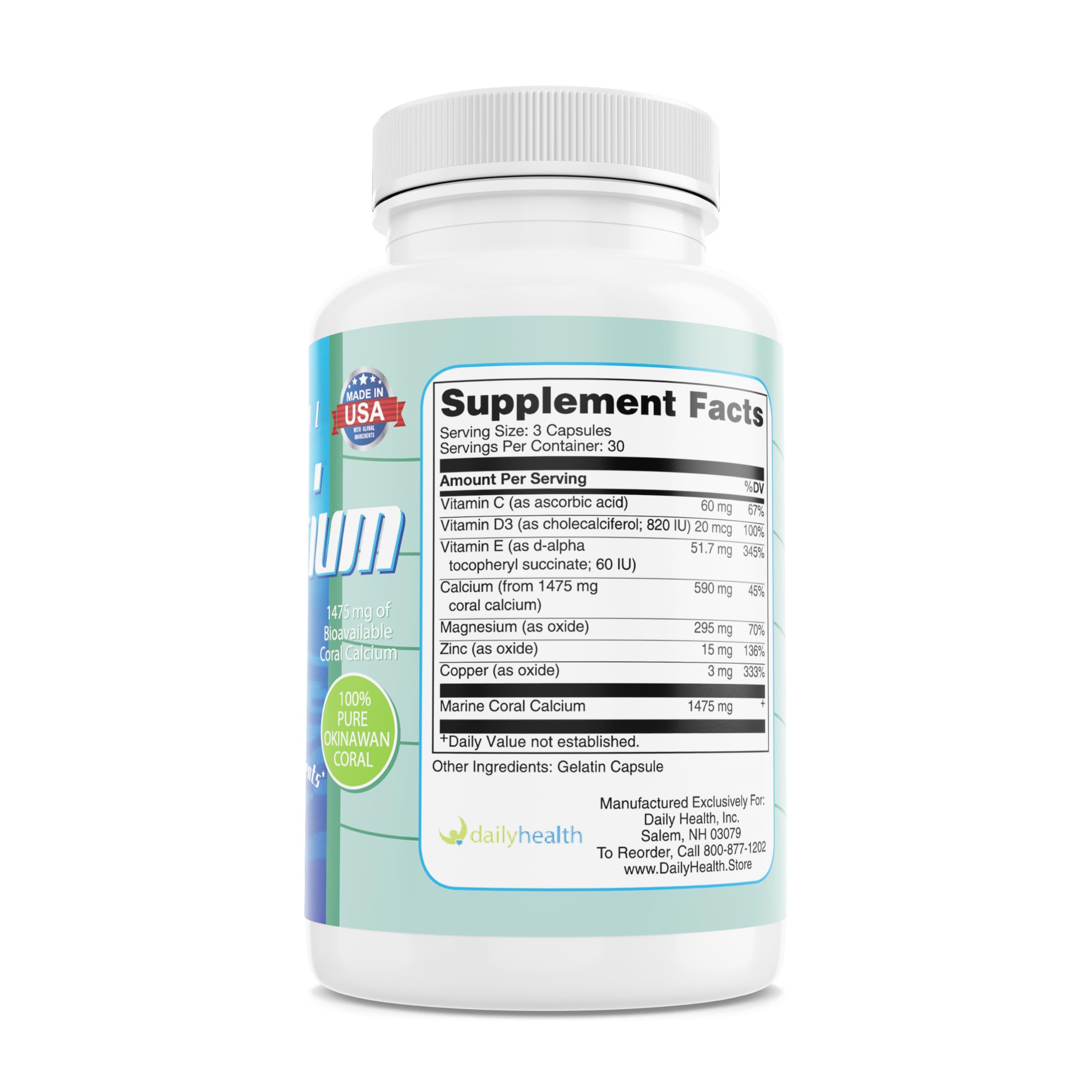 Daily Health coral calcium Okinawa bottle-on-shelf; reliable daily mineral support.