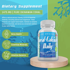 Daily Health coral calcium Okinawa label-detail; emphasizes 72 minerals and absorption benefits.