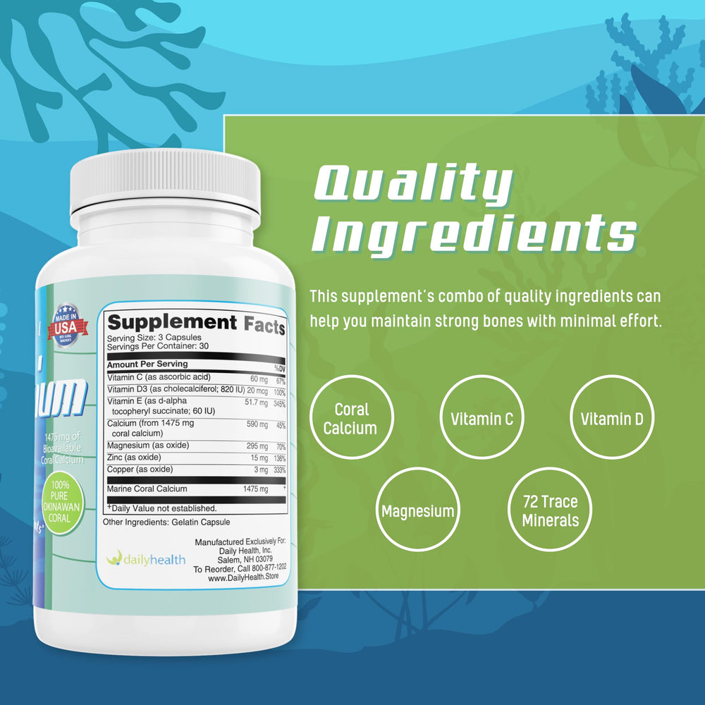 Daily Health coral calcium Okinawa mineral-spectrum; underscores trace minerals for vitality.