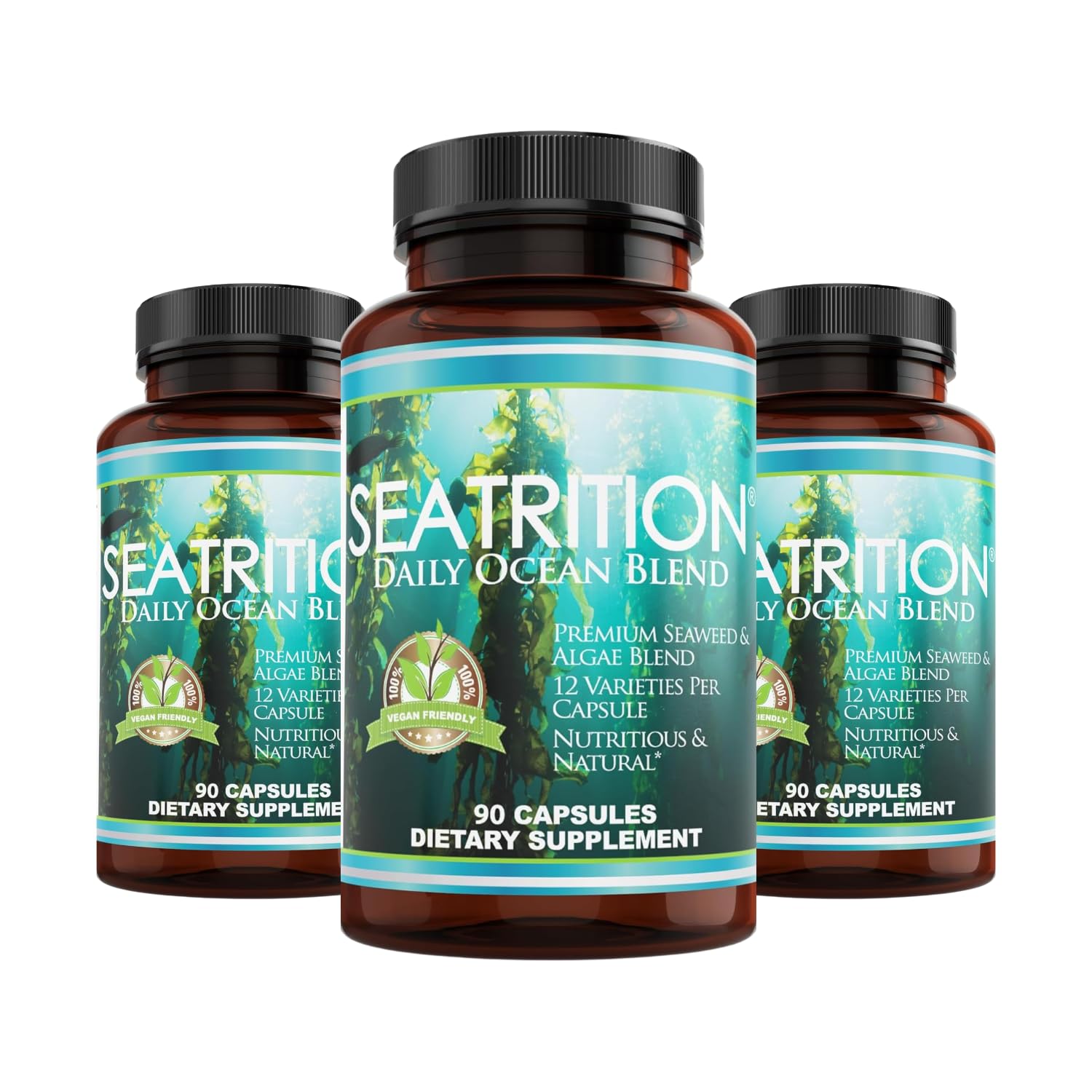 Daily Health Seatrition bottle with capsules showing immune and thyroid support.