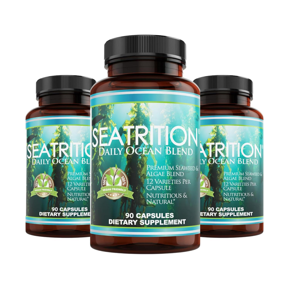 Daily Health Seatrition bottle with capsules showing immune and thyroid support.