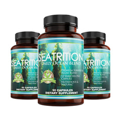 Daily Health Seatrition bottle with capsules showing immune and thyroid support.