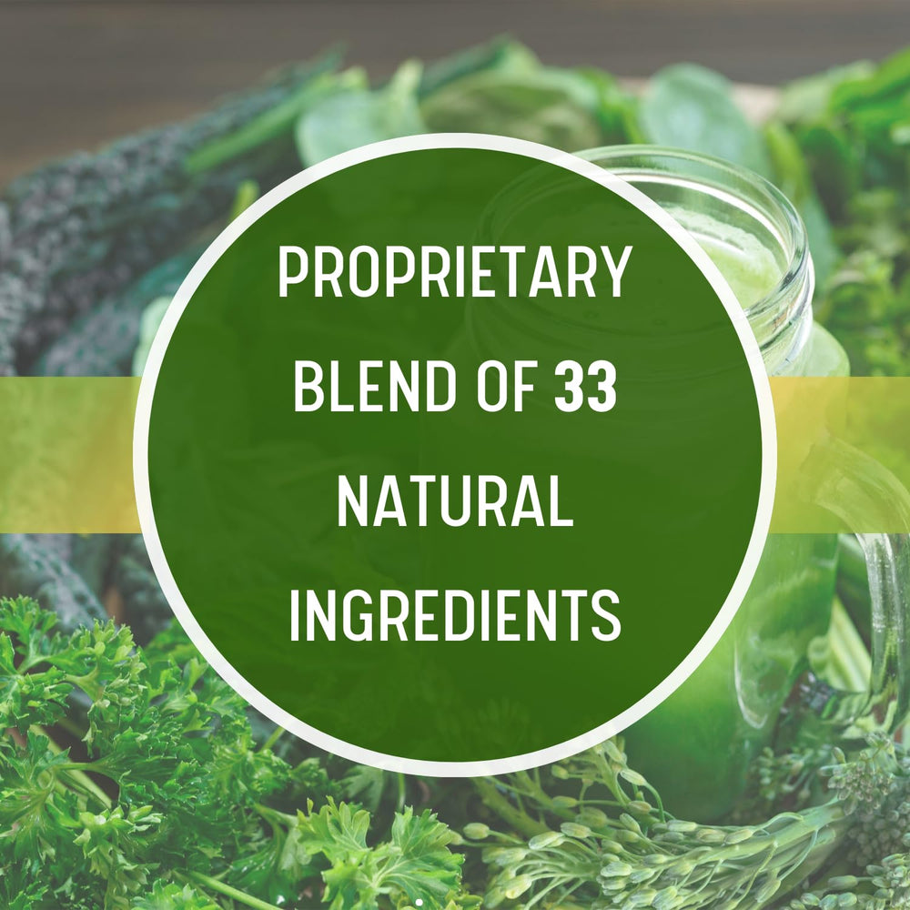 Daily Health Ultimate Greens ingredients montage with varied vegetables and herbs