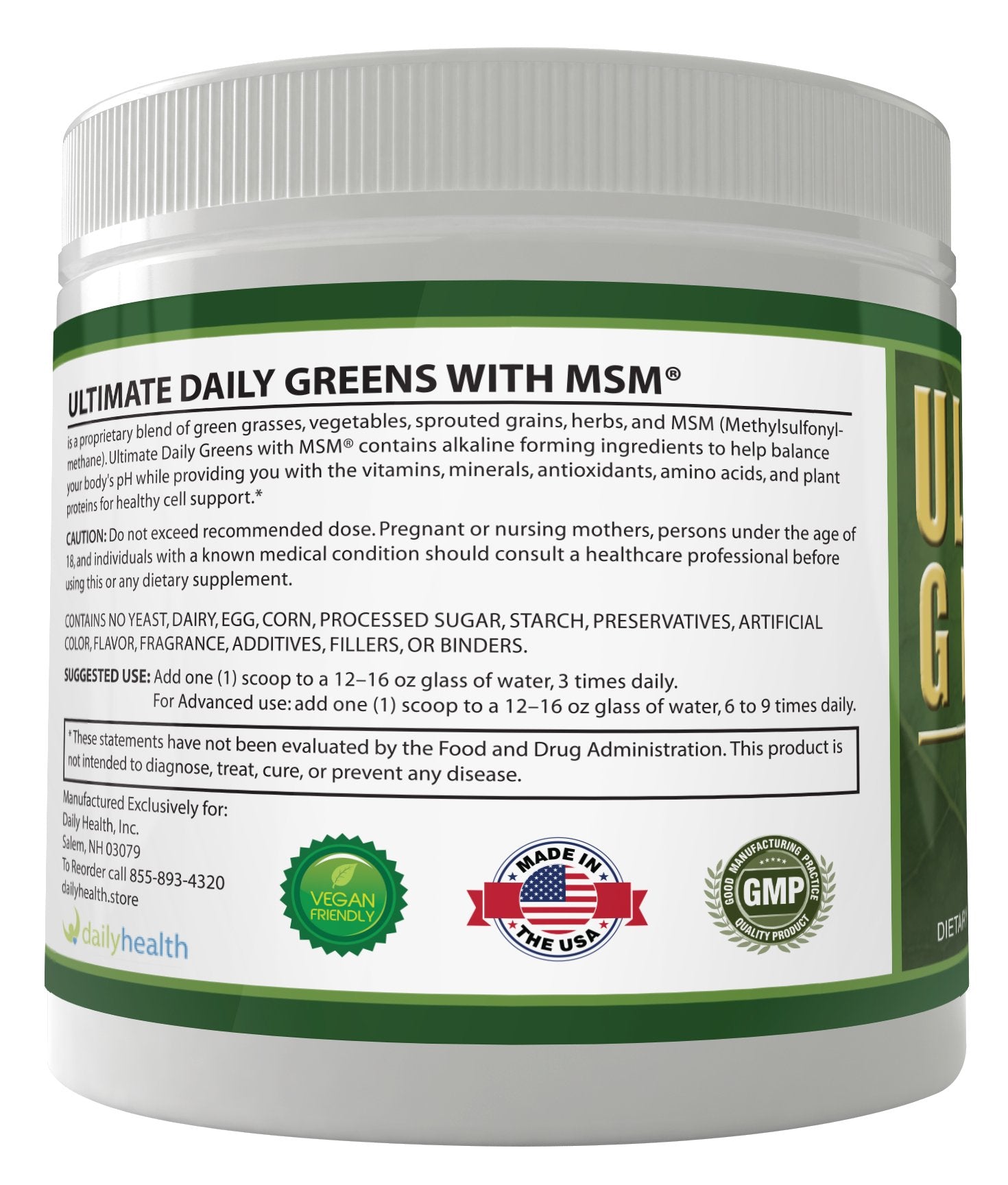 Daily Health Ultimate Greens packaging front showing 8oz month-long supply