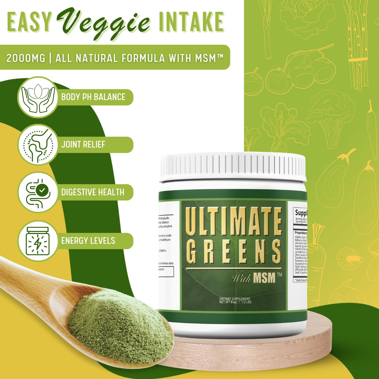 Daily Health Ultimate Greens powder closeup highlighting natural greens and antioxidants