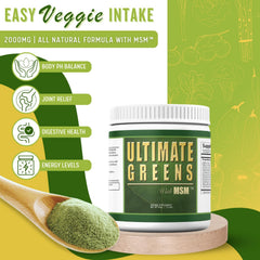 Daily Health Ultimate Greens powder closeup highlighting natural greens and antioxidants