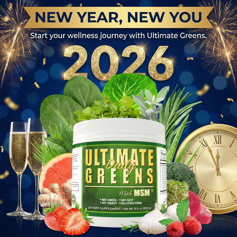 Daily Health Ultimate Greens powder scoop in glass for convenient daily nutrition