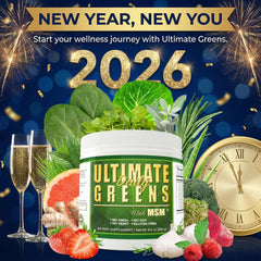 Daily Health Ultimate Greens powder scoop in glass for convenient daily nutrition