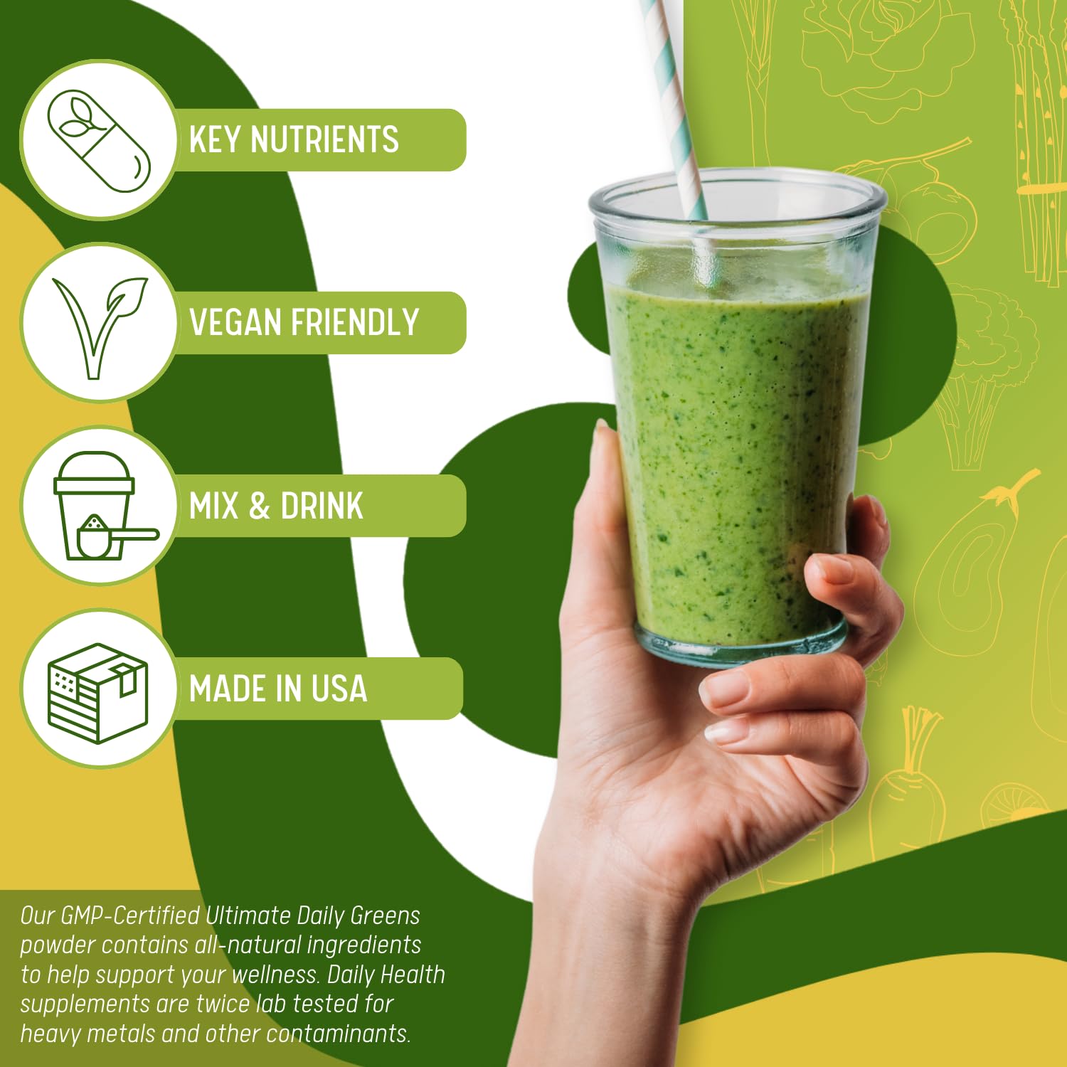 Daily Health Ultimate Greens vegan gluten-free badge communicates allergen-friendly nutrition