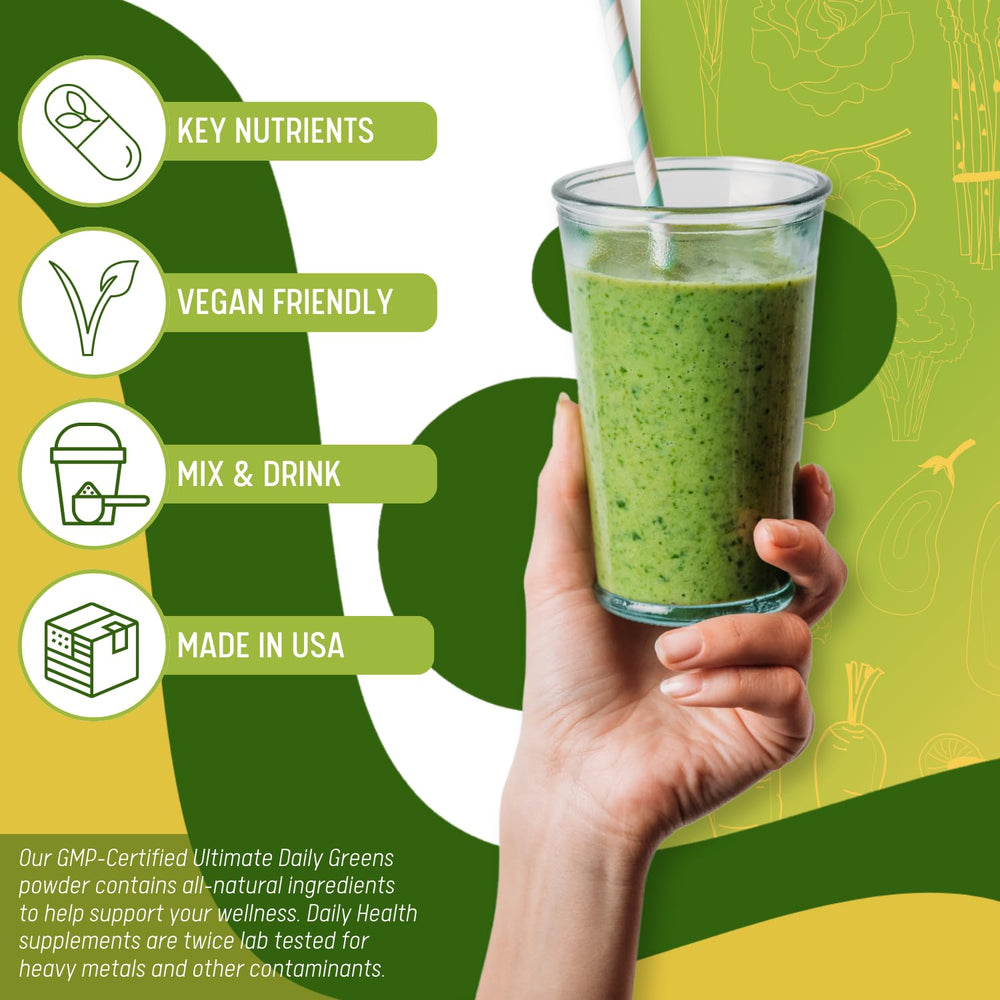 Daily Health Ultimate Greens vegan gluten-free badge communicates allergen-friendly nutrition