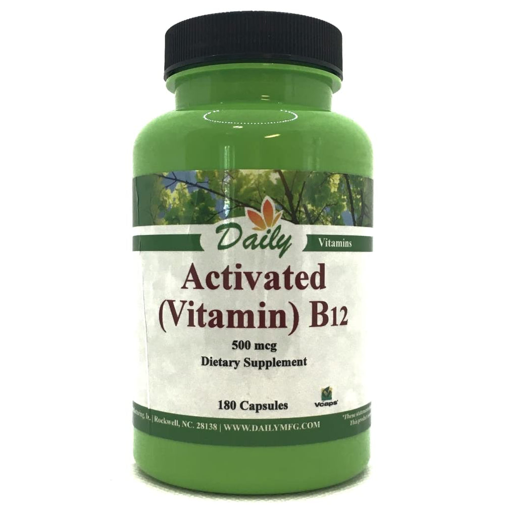 Daily Manufacturing Activated B12 bottle front view; 180 vegan capsules support energy metabolism.
