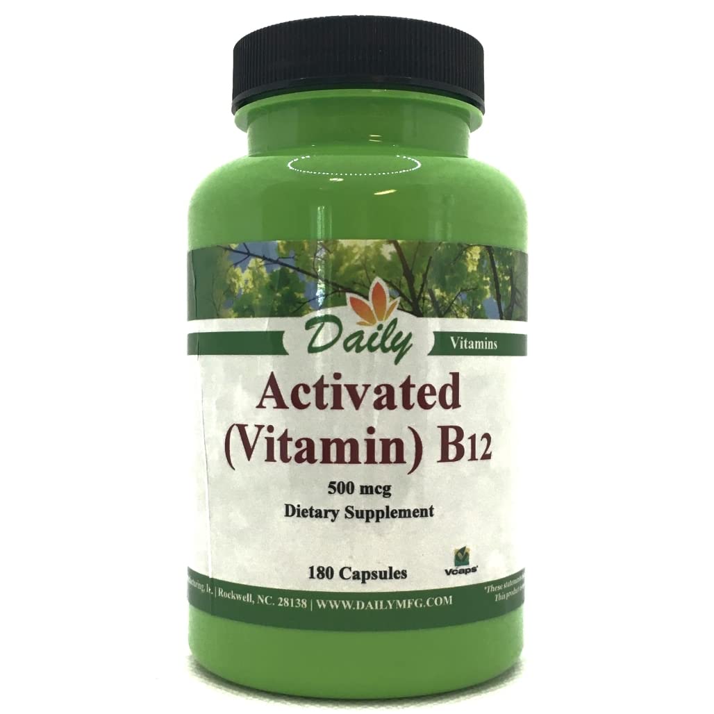 Daily Manufacturing Activated B12 bottle front view; 180 vegan capsules support energy metabolism.