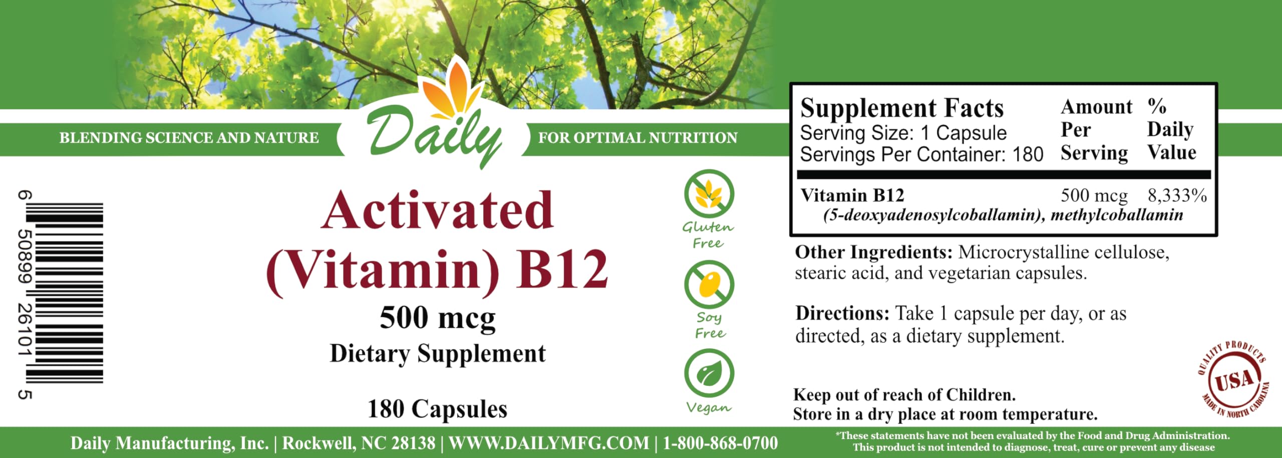 Daily Manufacturing Activated B12 capsules close-up; 500 mcg per capsule supports daily energy.