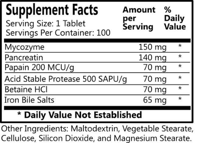 Digestine tablet close-up showing coated pancreatin design for small intestine release