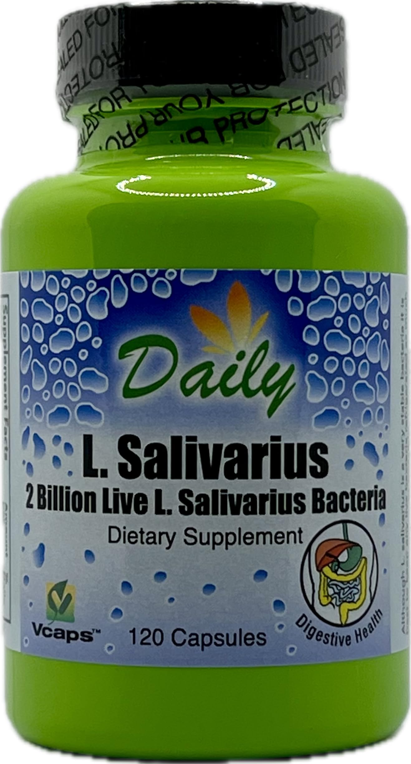 Daily Manufacturing L-Salivarius bottle front showing 120 delayed-release capsules for gut balance