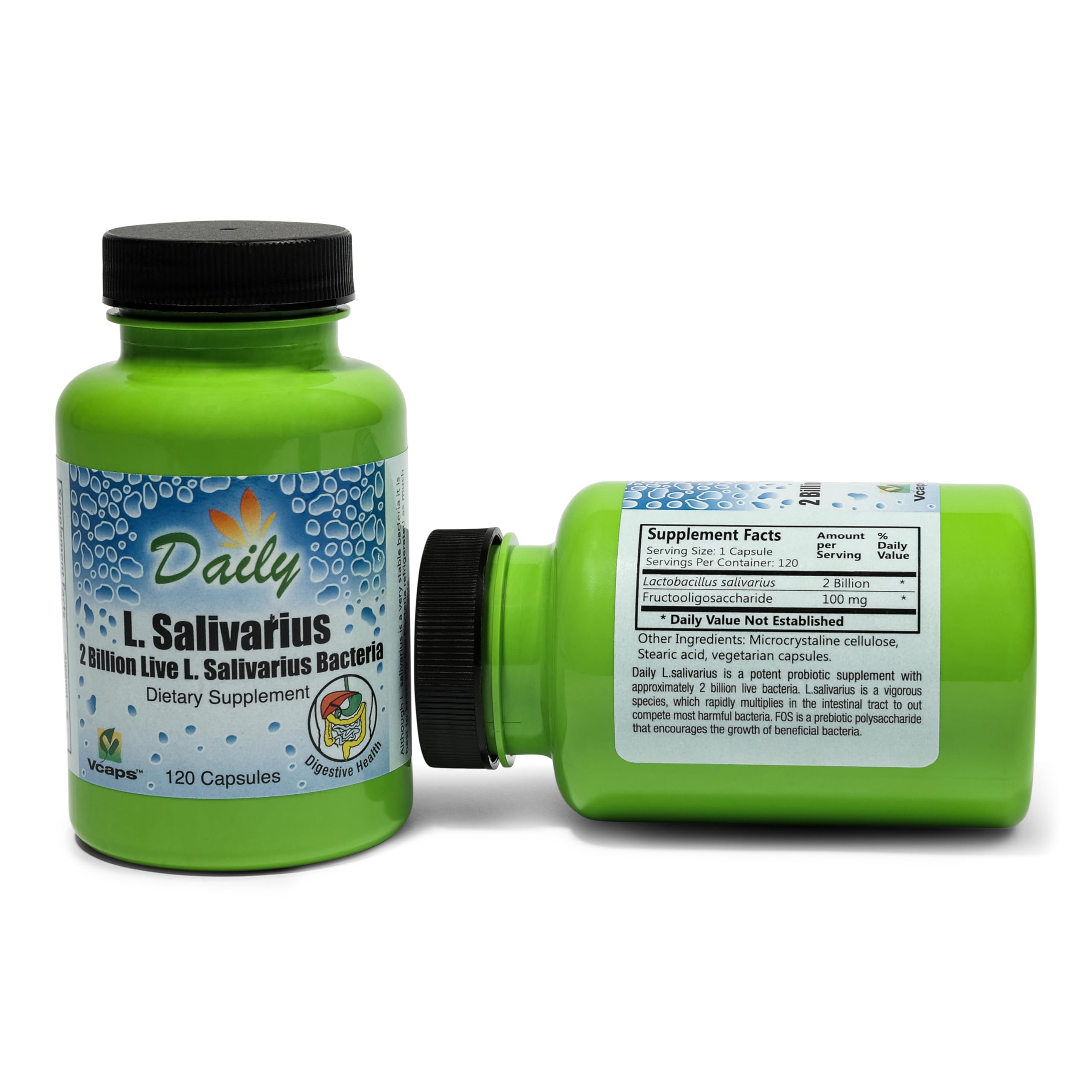 Daily Manufacturing L-Salivarius label notes FOS prebiotic on packaging
