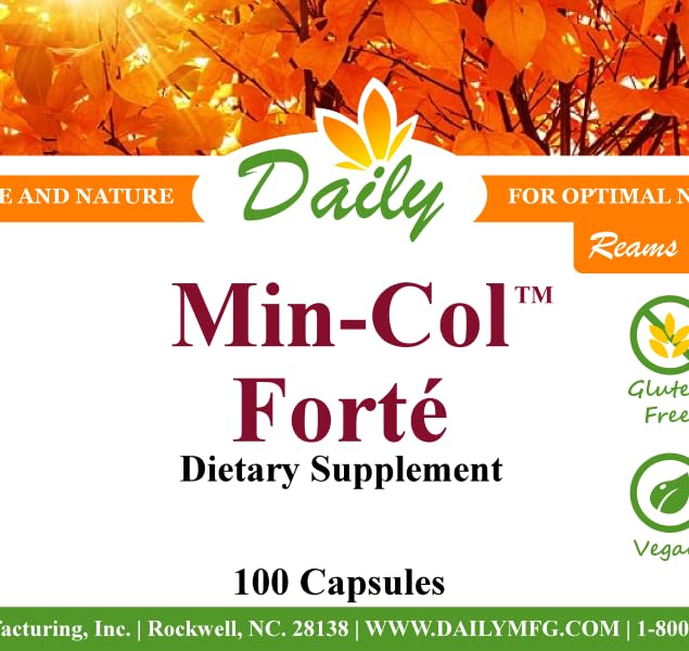 Daily Manufacturing Min-Col Forté bottle label detail highlighting calcium sources