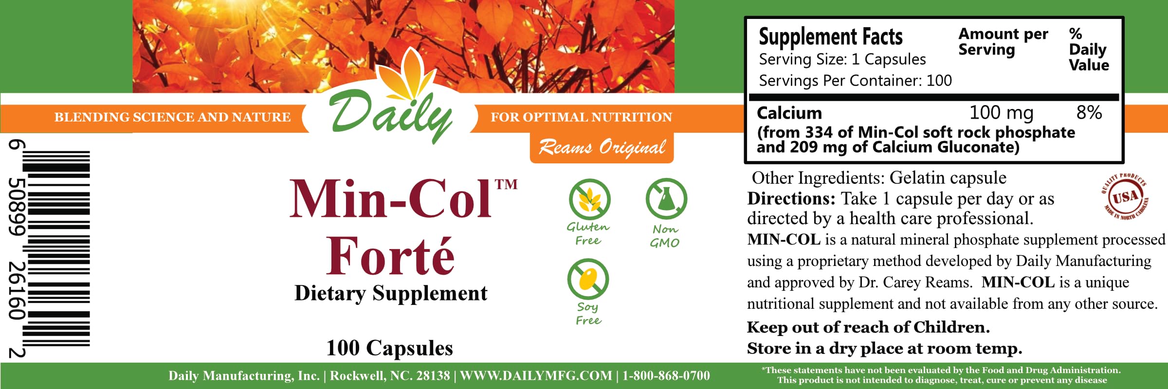 Daily Manufacturing Min-Col Forté capsules close-up showing vegan formulation