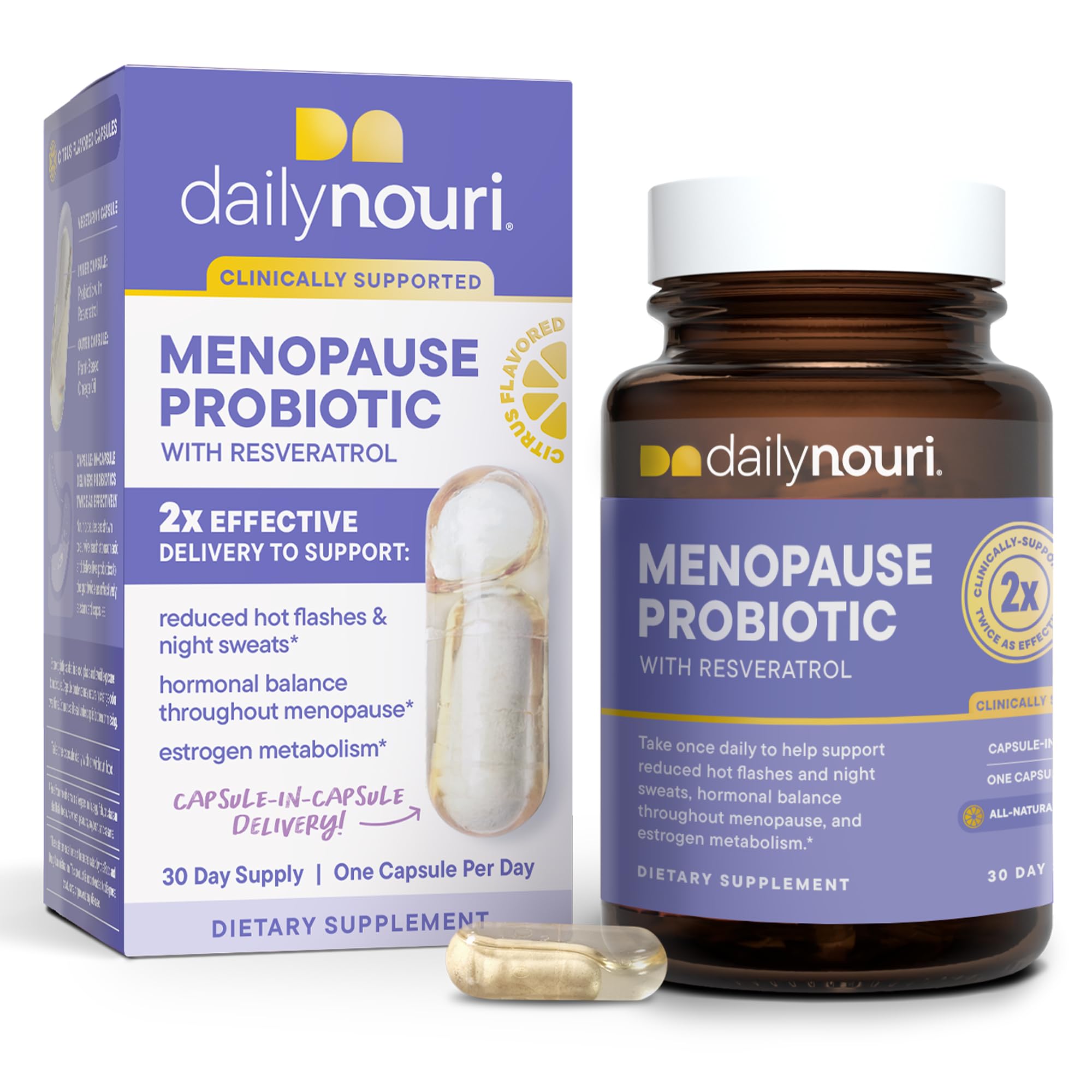 Daily Nouri Menopause Probiotic bottle highlighting packaging and gut-friendly formula
