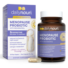 Daily Nouri Menopause Probiotic bottle highlighting packaging and gut-friendly formula
