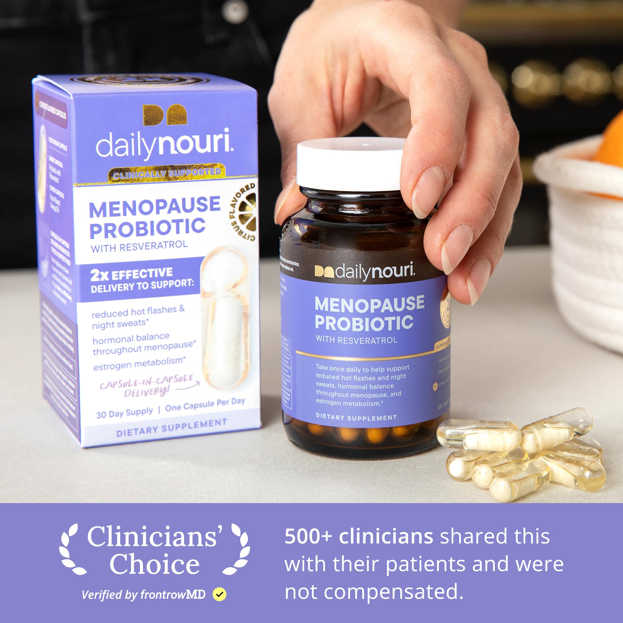 Daily Nouri Menopause Probiotic capsules ready for daily use