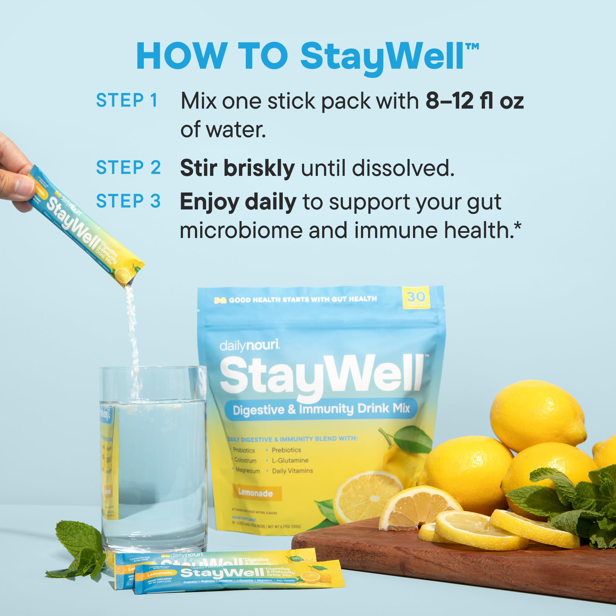 Daily Nouri StayWell daily vitamins banner emphasizing energy and immunity.