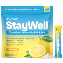 Daily Nouri StayWell digestive stick pack with glass for everyday gut support.